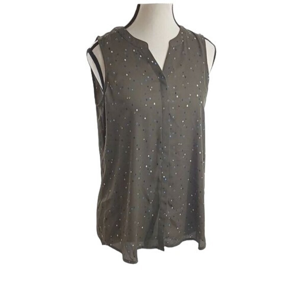 Apt 9 Womens Size S Sleeveless Blouse Olive Green Dotted Button Front Top